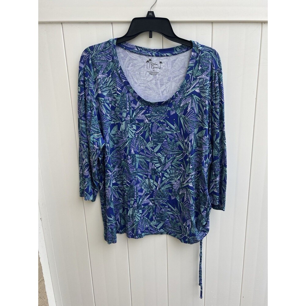 Palm Grove Womens 1X Blue Floral Top 3/4 Sleeve Ruched Side